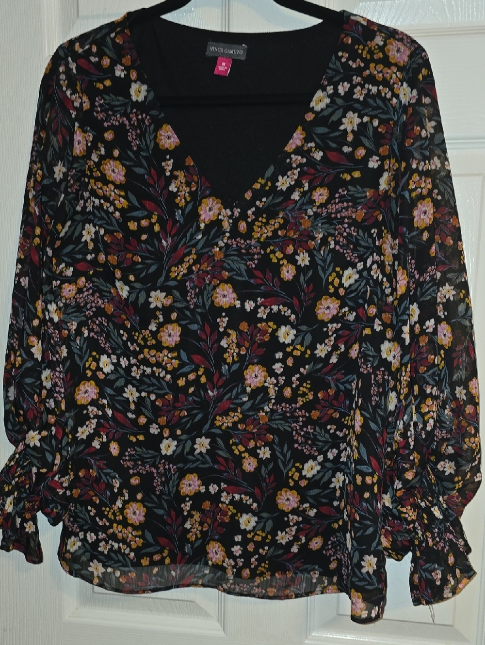 Vince Camuto Black Floral V-Neck Blouse With Sheer Sleeve Pink and Yellow Blooms